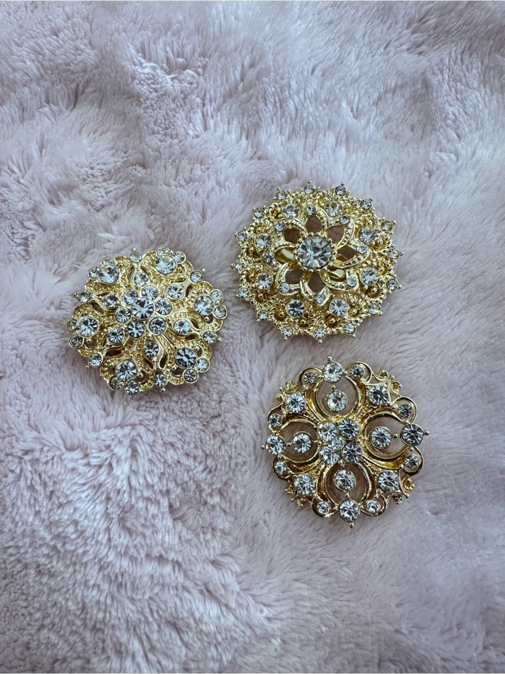 3 Gold-Tone Crystal Brooches - Elegant Floral Pin